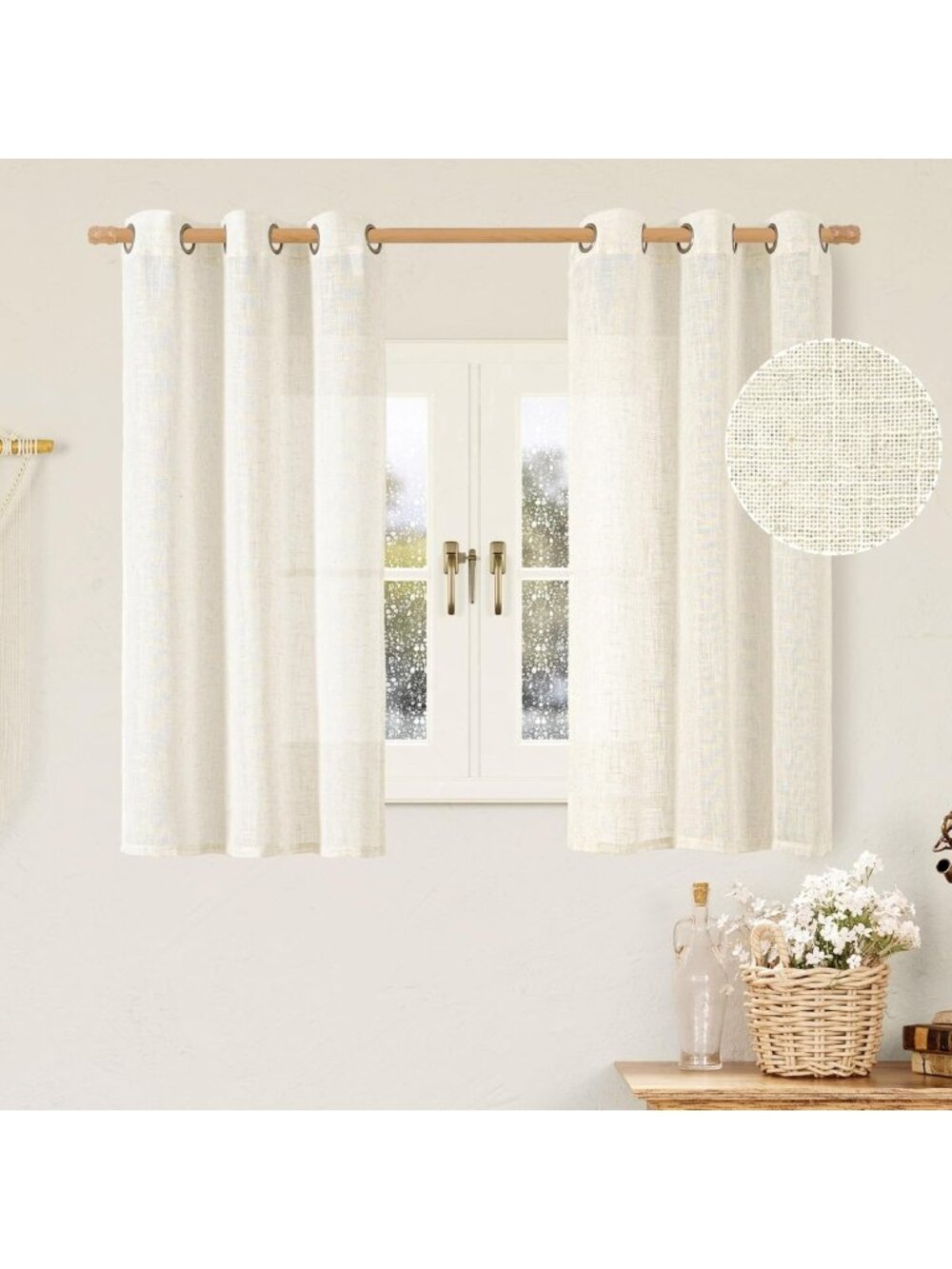 48 Inch Length Short Linen Curtains 2 Panels, Cream Ivory Light Filtering Panels